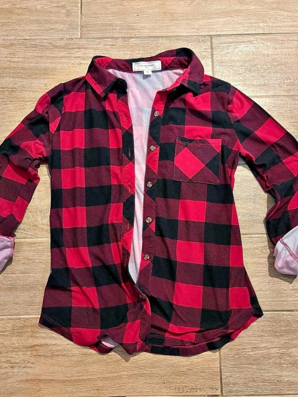 no comment Red Black Plaid Cropped Button Up Shirt Women's Checkered Button Down